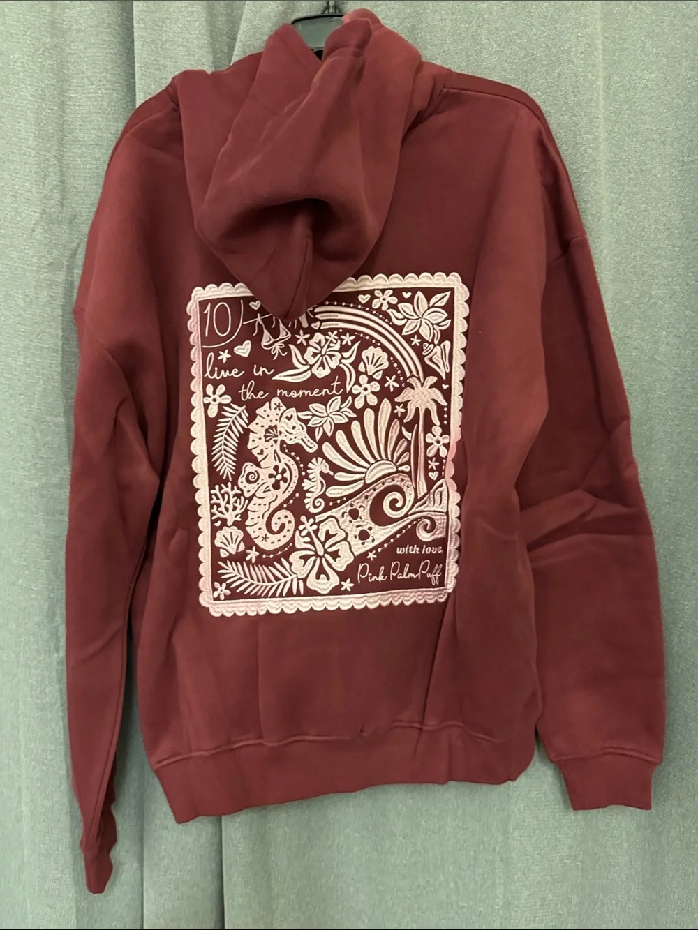 Pink Palm Puff Women's Maroon Hoodie - Picture 8 of 12